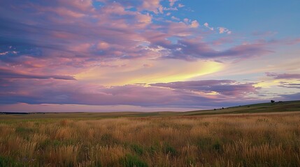Fototapeta premium Vibrant Twilight Meadow with Wildflowers Under Gradient Magenta Sky, Expansive Open Field Landscape Featuring Golden Horizon Glow and Distant Tree Silhouettes, Empty Space