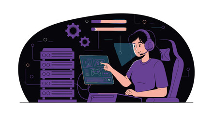 Woman Managing Data on Server, Wearing Headset in a Professional Gaming Setup