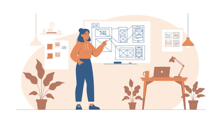 Woman Presents User Interface Design on a Whiteboard in a Modern Home Office