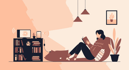 Woman Reading Book At Home Surrounded By Technology In A Cozy Atmosphere