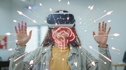 Entering woman wearing VR headset raising hands in lab, with pulsing brain icon and math overlays - Powered by Adobe