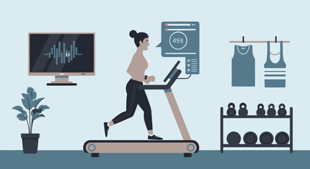 Woman Running On Treadmill At Home And Using Fitness App For Workout Tracking