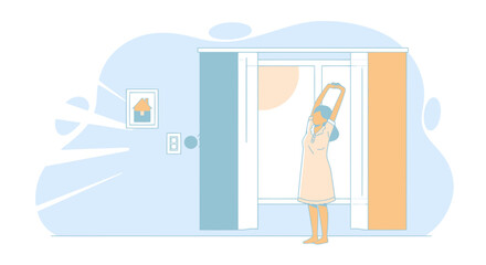 Woman Stretching Near Window In Morning In Bedroom Sunlight Concept