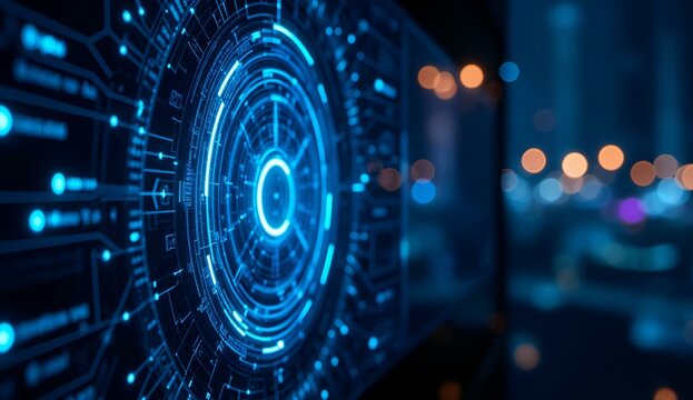 Futuristic digital interface with glowing blue circular patterns and circuitry