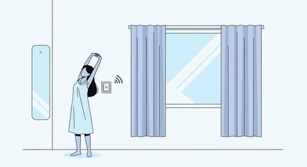 Woman Waking Up With Smart Home Technology Adjusting Curtains In The Morning