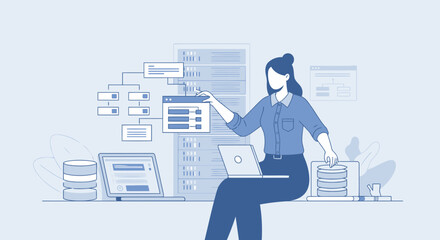 Woman Visualizing Data Structure and Managing Server with Blue Themed Technology