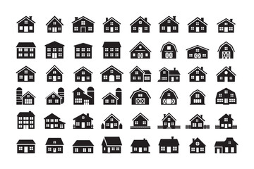 House and barn icon set. Collection of farm and home building silhouettes for real estate or countryside themes. Simple black vector graphics © Journey