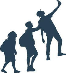 Silhouette of Young Tourists Taking Selfie and Walking with Backpacks – Travel and Friendship Concept