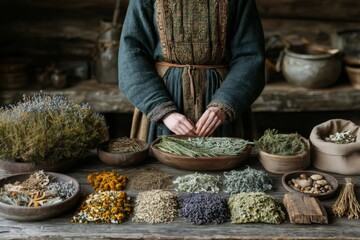 Woman dressed in medieval attire, mixing dried herbs for traditional medicine on a rustic wooden table, surrounded by a warm, inviting interior that reflects ancient healing practices
