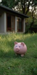 Pink piggy bank on green grass lawn near house