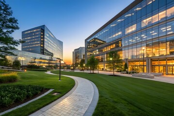 Modern office buildings with green space at dusk time