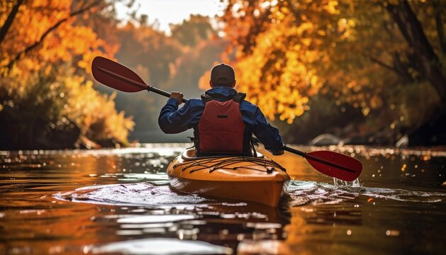 Kayaker paddling down river surrounded by autumn trees, serene and active - Powered by Adobe
