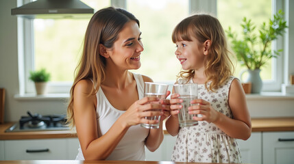 Young beautiful mother and little girl drinking fresh pure water from glasses in kitchen Happy mom and daughter holding glasses with water. Eating habits, water filter advertisement, healthy nutrition