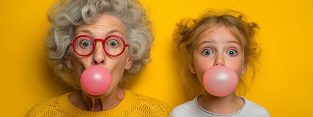Grandparents Day. Cute little girl and grandma blow bubbles with gum