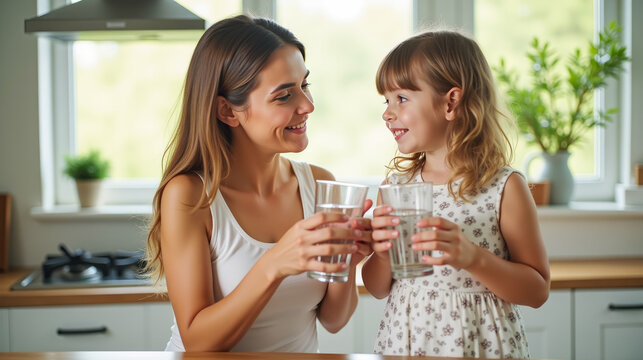 Young beautiful mother and little girl drinking fresh pure water from glasses in kitchen Happy mom and daughter holding glasses with water. Eating habits, water filter advertisement, healthy nutrition - Powered by Adobe