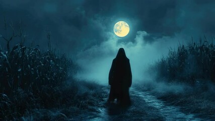 Mysterious figure walking in cornfield under full moonlit night sky. Halloween, All Hallows Eve, Samhain - Spooky Holiday Season, Fall Festival Celebration - Powered by Adobe
