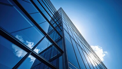 Obraz premium Modern glass skyscraper with reflective windows under clear blue sky, sharp architectural lines