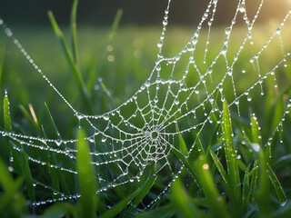 spider webs among the green grass exposed to morning dew drops look like natural gems