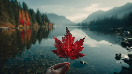 A hand holds a red maple leaf against a backdrop of a calm lake reflecting autumn foliage and distant mountains. - Powered by Adobe