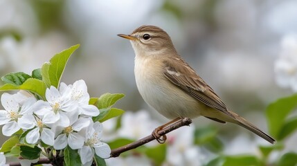 Small bird perched on branch with white flowers