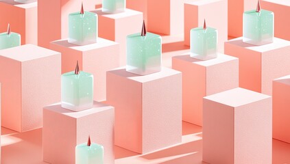 Mint-colored candles on light-pink cubes