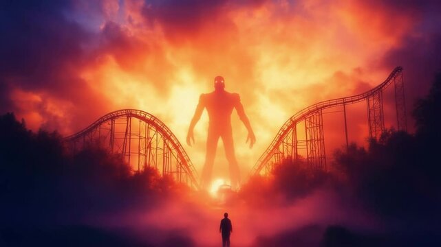Giant robot silhouette at dusk behind roller coaster in misty amusement park. Halloween, All Hallows Eve, Samhain - Spooky Holiday Season, Fall Festival Celebration