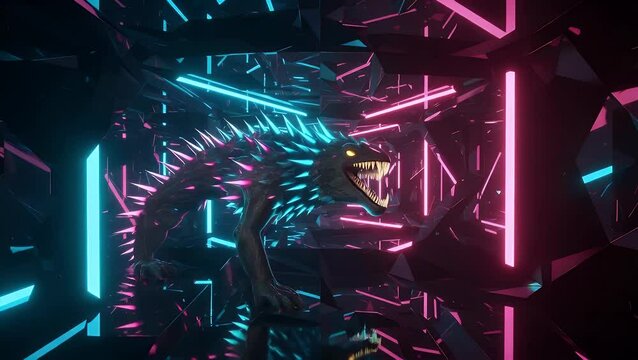 A creature with glowing spikes in a neon tunnel