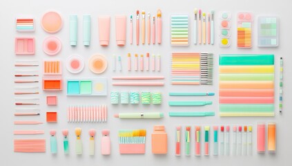 Colorful cosmetic and art supplies arranged in a grid pattern