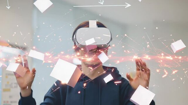 Raising hands wearing VR headset man manipulating floating cubes at lab, to explore math equations