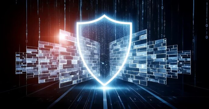 A glowing blue shield protects against a digital onslaught of binary code