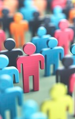 Close-up of many small colorful figures,  a crowd of stylized people