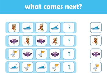 What comes next. Logical activity for preschool children with cute wild animals. Vector Illustration