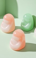 Three smooth, rounded, pastel-colored objects, peach, mint, and white, arranged in a shallow, light-green setting