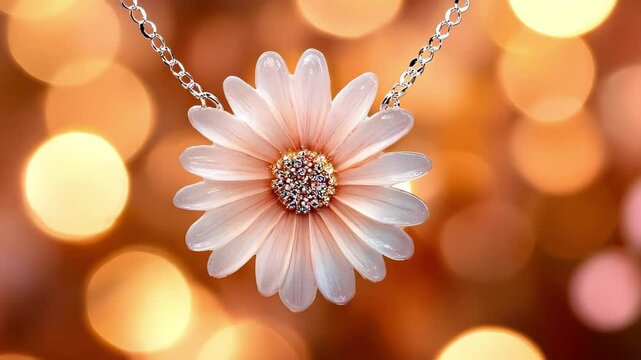 A necklace featuring a flower pendant with a sparkling center, set against a blurred bokeh background.