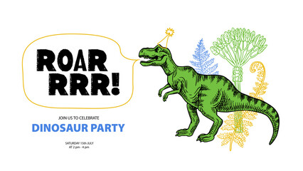 Hand drawn dinosaurs retro poster. Kids birthday party invitation design. Vintage sketch vector illustration