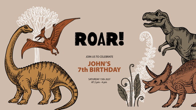Hand drawn dinosaurs retro poster. Kids birthday party invitation design. Vintage sketch vector illustration