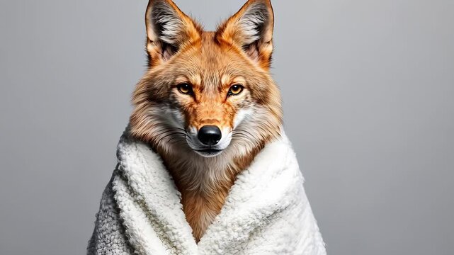 A fox wrapped in a fluffy white blanket, looking attentively at the camera against a plain background.
