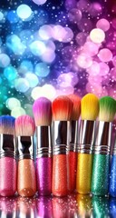 Colorful makeup brushes on a reflective surface, bokeh background