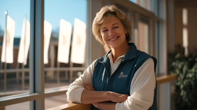 A supportive friend at a school event with flags and a ramp