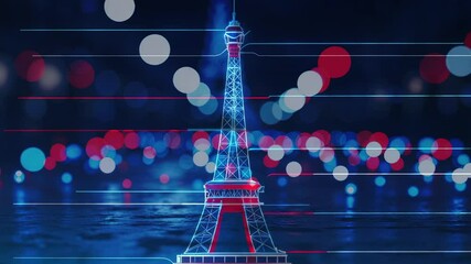 Loop starting neon-outline Eiffel Tower emerging, pulsing over reflective water with glitch-lines - Powered by Adobe