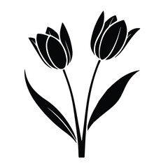 Two stylized tulips in silhouette with stems and leaves against a white background. Simple, decorative design for use in illustrations or decorative elements.