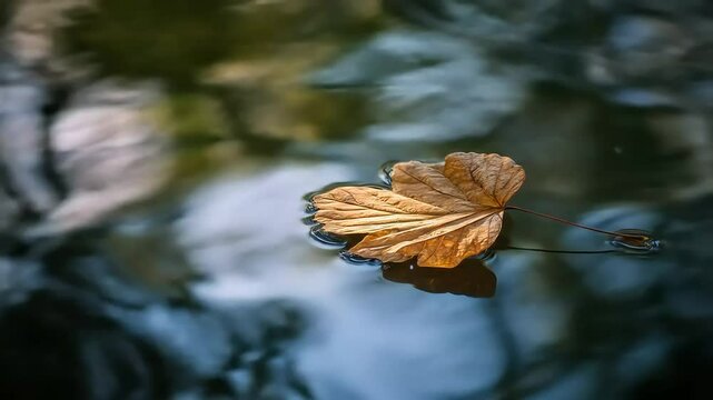 A single, brown, dried maple leaf floats on the surface of dark, rippled water.