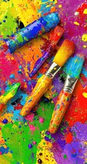 Colorful paint splatters and brushes
