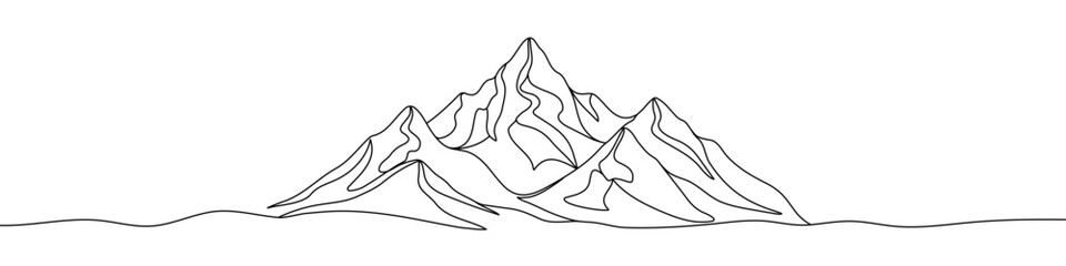 Naklejka na ściany i meble Black mountains in one line art style. Mountains drawing with editable black stroke on white background. Vector illustration.