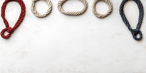 Four pieces of rope, various colors, in circular and looped formations on a white surface