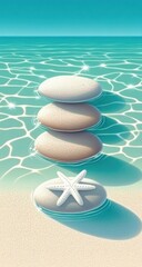 Stacked stones on water, starfish, sunny beach scene