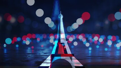 Looping stylized Eiffel Tower model over reflective surface in abstract scene with colorful bokeh - Powered by Adobe