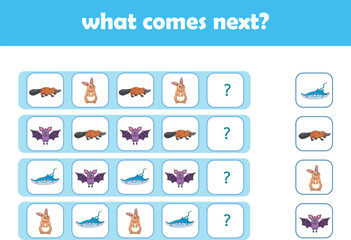 What comes next. Logical activity for preschool children with cute wild animals. Vector Illustration