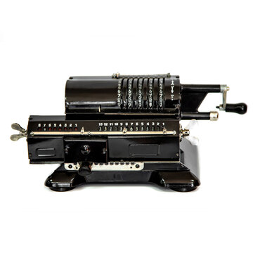 Vintage mechanical calculator, isolated on white background. 
Odhner Arithmomete