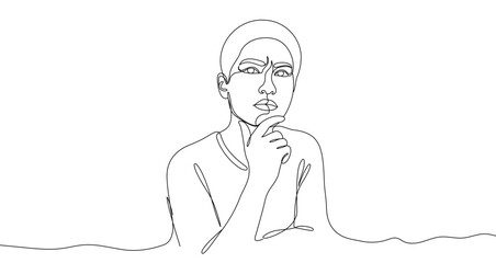 Person pondering in one line art style. Person drawing with editable black stroke on white background. Vector illustration.